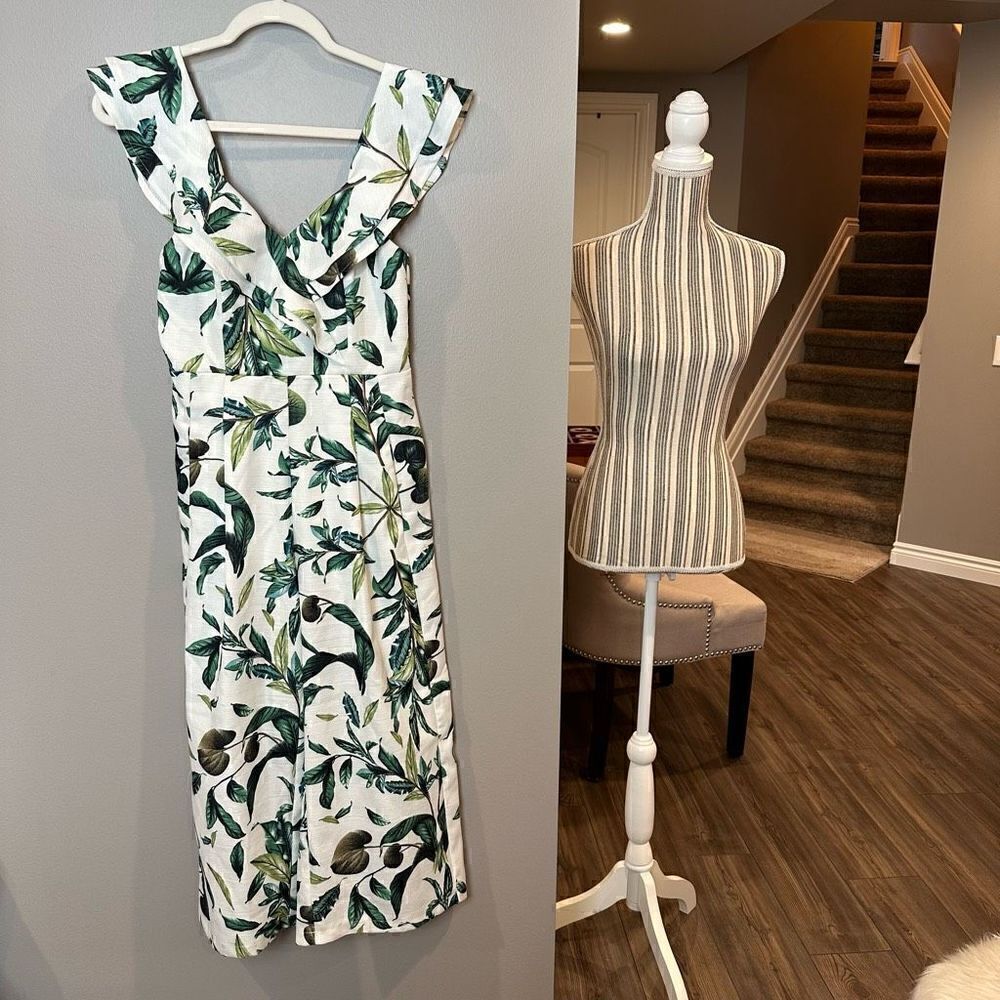 L'ATISTE White Jumpsuit with Green Leaf Print